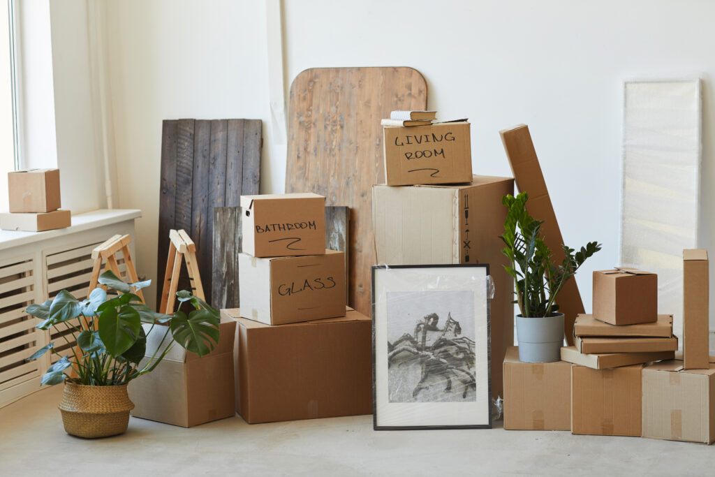 Organized packing boxes during a senior downsizing relocation